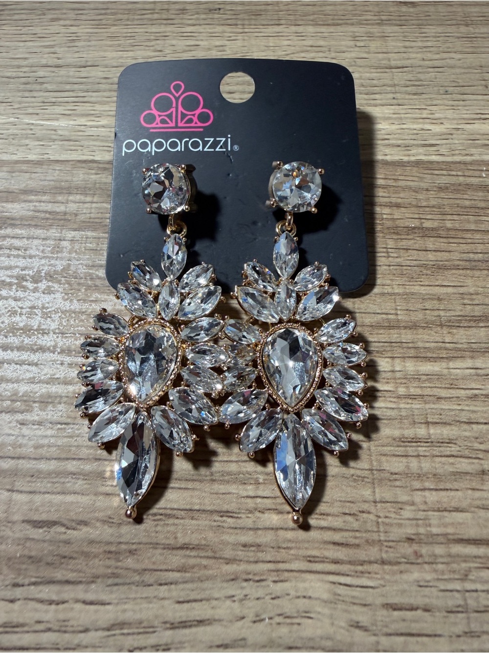 Paparazzi Gold-Trim Clear Crystal Floral Drop Earrings